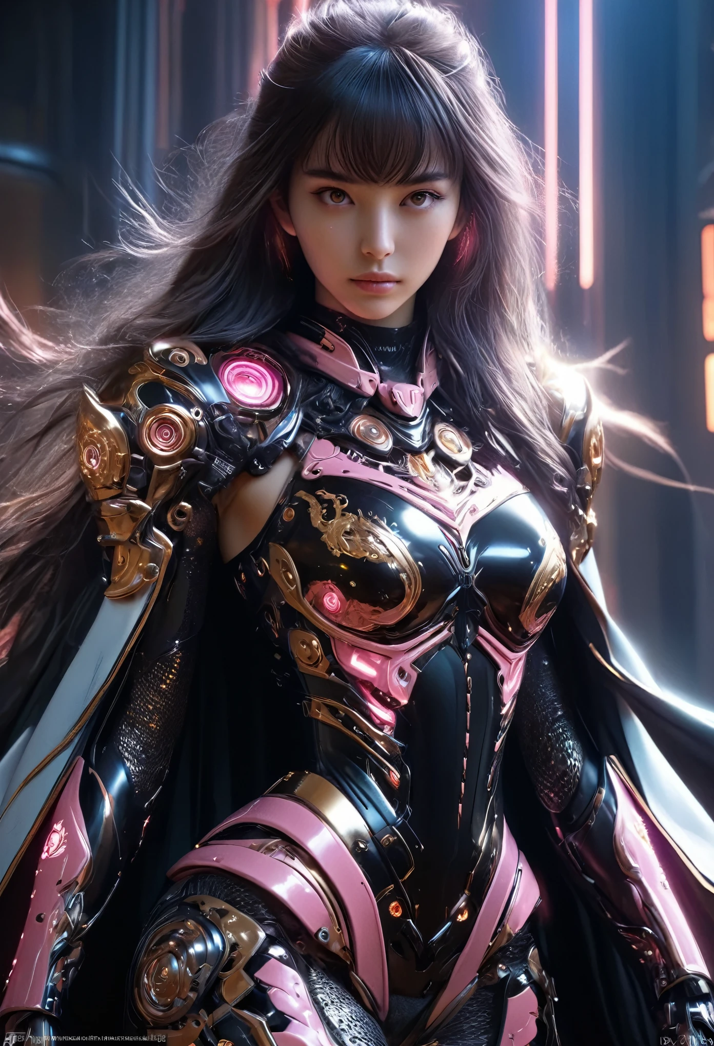 (Best Quality, 4K, 8K, High Resolution, Masterpiece: 1.2), (Super Detailed, Realistic, Photorealistic:1.37), A woman in futuristic clothing, Trending on cgstation, Trending on cgstation, (Portrait of a girl in the Knights of the Zodiac:1.4), blunt bangs, Cute Cyborg Girl, Perfect android girl, Portrait Astronaut Girl, Beautiful girl cyborg, (Girl wearing black pink golden mechanical cyber armor:1.3), Game CG, cgsociety and fenghua zhong, Beautiful Cyborg Shrine Maiden, Bioluminescence, (Yua Yaiba:0.5), (Golden eyes:1.5), Anatomically correct grip, (Sharp and long claws:1.4), erotic and sexy, black, wearing A gorgeous cape with beautifully detailed embroidery, (beautiful tits, beautiful breasts, beautiful nipples:1.5), (NSFW:1.5)