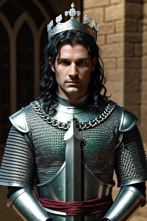 Create a 40-year-old white man with green eyes, wavy black hair, profiled jaw, with a crown adorned with jewels, medieval armor and chain mail underneath, and a sheathed silver sword..