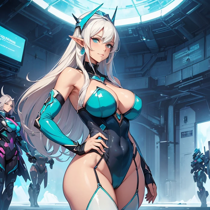 (absurdres, Masterpiece, best high quality, high resolution, no deformity, good anatomy, cowboy shot, front view, character alone, HD, anime) {{600 years old white haired ice-elf-queen :(elder feminine beauty, pale skin, medium-length straight hair, blins, very thin lips, closed mouth with gentle smile, sharp nose, shorter elvish pointy ears, voluptuous figure, huge breasts, ul hips, beautiful body, beautiful arms and legs, big butt),(mecha pilurquoise one-piece-suit, turquoise pilot armsleeves, turquoise long pilot boots and pantyhoses, diamond derpads, diamond belt, pink interface headsets),(kindest expression, relaxed carefree demeanor, standing imponent and optimistc),(ice military base, ice walls, ice platforms, diamond made giant robotic humanoid heavy mechas, big computer screen at the base)}}