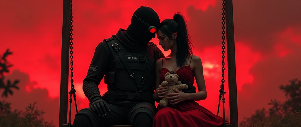 F.E.A.R. operative wearing tactical black balaclava and red googles is hugging in red dress with tall black hair while she is sitting on the swings and holding plushie bear with music box. The sky is red. Her height is short and height of operative is tall.