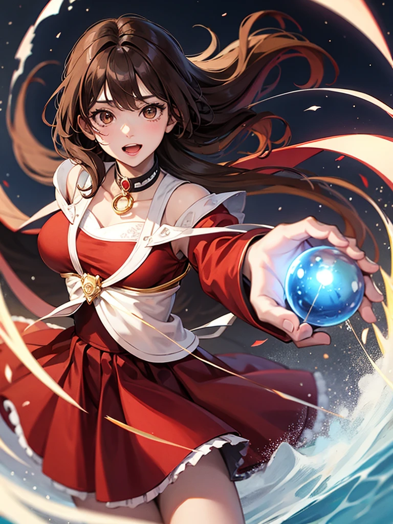 ((Highest quality)), ((masterpiece)), (detailed)、((Female))、Brown Hair、Brown eyes、A young woman jumping around energetically、Red dress