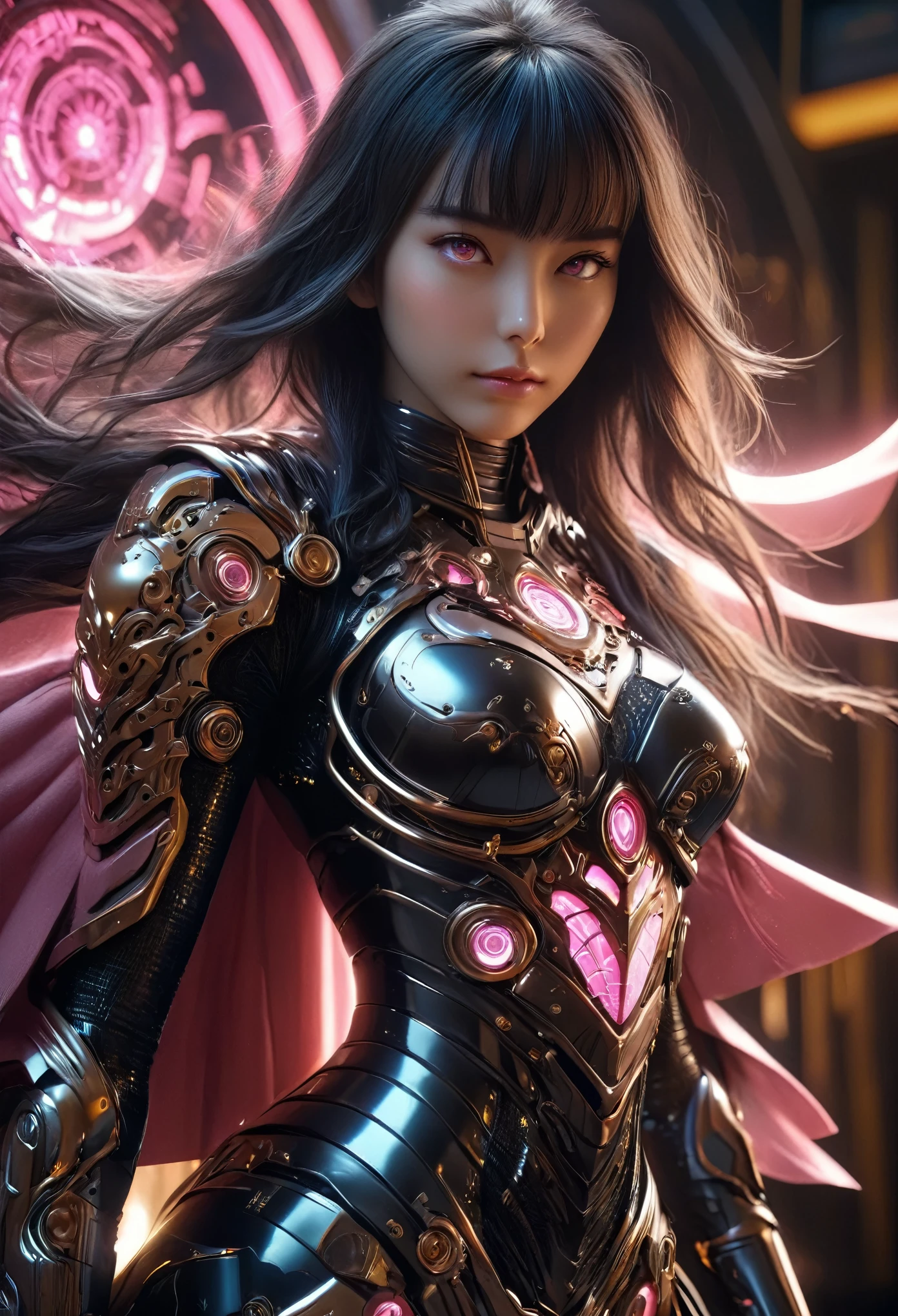 (Best Quality, 4K, 8K, High Resolution, Masterpiece: 1.2), (Super Detailed, Realistic, Photorealistic:1.37), A woman in futuristic clothing, Trending on cgstation, Trending on cgstation, (Portrait of a girl in the Knights of the Zodiac:1.4), blunt bangs, Cute Cyborg Girl, Perfect android girl, Portrait Astronaut Girl, Beautiful girl cyborg, (Girl wearing black pink golden mechanical cyber armor:1.3), Game CG, cgsociety and fenghua zhong, Beautiful Cyborg Shrine Maiden, Bioluminescence, (Yua Yaiba:0.5), (Golden eyes:1.5), Anatomically correct grip, (Sharp and long claws:1.4), erotic and sexy, black, wearing A gorgeous cape with beautifully detailed embroidery, (beautiful tits, beautiful breasts, beautiful nipples:1.5), (NSFW:1.5)