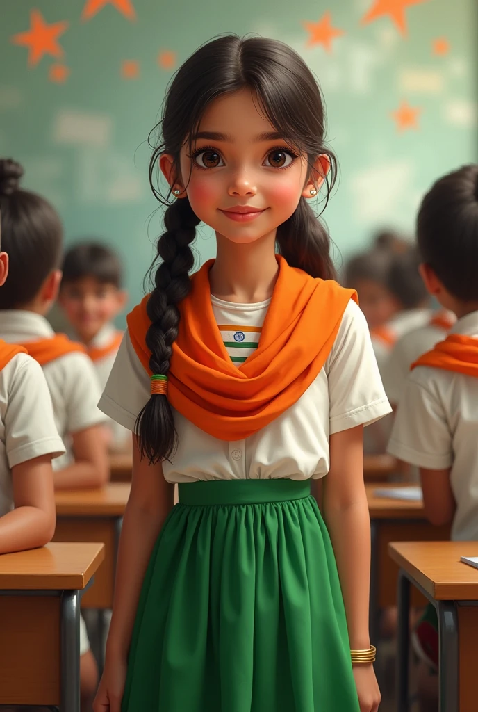 A cute Indian girl wearing a tricolour dress at school representing the flag.