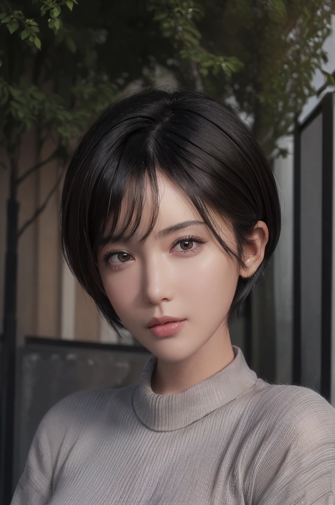 (masterpiece:1.3), (8k, photorealistic, RAW photo, best quality: 1.4), (1girl), beautiful face, (realistic face), (black hair, short hair:1.3), beautiful hairstyle, realistic eyes, beautiful detailed eyes, (realistic skin), beautiful skin, (sweater), absurdres, attractive, ultra high res, ultra realistic, highly detailed, golden ratio