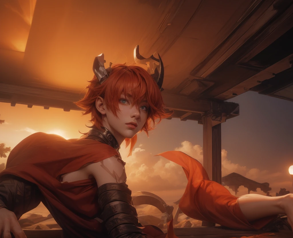 (max resolution: 1.2), (Ultra HDTV: 1.2), 8K resolution, Eye and skin detail, face detail, Body detail, Hand and foot detail, (Sharp focus: 1.2), (Precise focus) sharp face: 1.2), (((Boy))), red hair, white ponytail, 2-color eyes, 2-color eyes red and orange, honey looking into the lens, horns