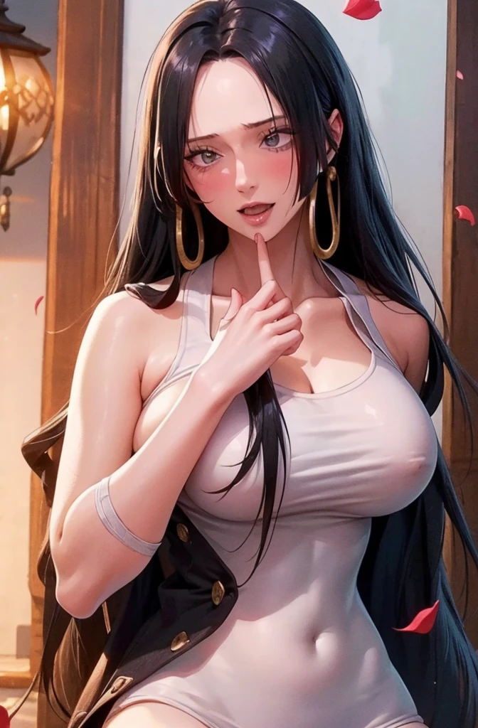 best quality, Masterpiece, Highly detailed,1 girl, ((rose)), (vine), cage, bandage, Red Rope, (detailed lighting), falling rose petals, Boa Hancock, (no:1.5), (Masterpiece:1.5), Detailed photos, smile, sexy, (8K, realistic, best quality: 1.4), (1 girl), beautiful Face, (realistic anime face), (black hair, long hair: 1.3), beautiful Hairstyle, realistic eyes, ดวงตาที่มีรายละเอียดbeautifulงาม, (white skin), ผิวbeautiful, nonsense, charming, Ultra high resolution, ultra realistic, high definition, golden ratio, (sexual arousal:1.5), Pinkish white skin, cool white light, ท่าsexy, beautiful , white background, cool white lightสีชมพู, Wear a white tank top.