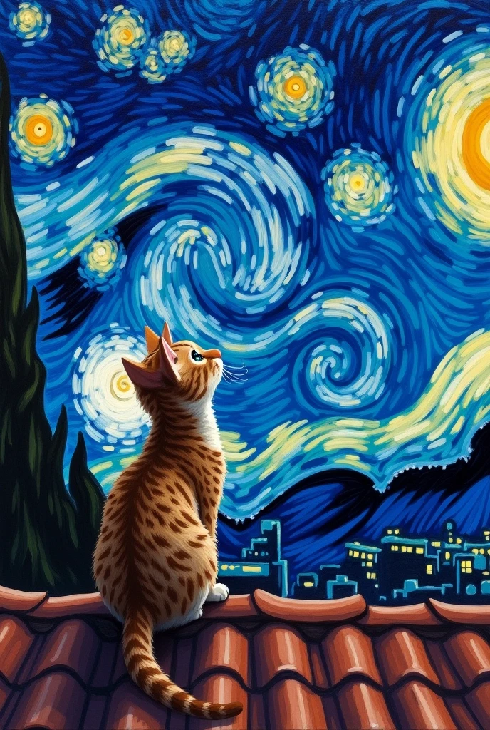 
Create a square painting, 12 by 12 units.
Subject: A small cat sitting on a roof looking at the starry night
Style: acrylic color
Orientation: Facing the back looking up
Background: actual starry night painting by van gogh
