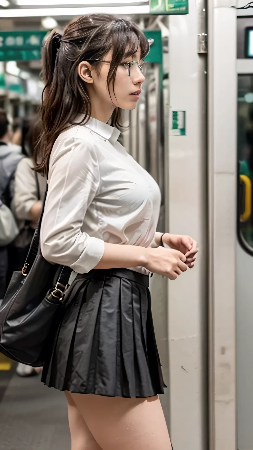 (Standing on the Yamanote Line:1.5、)、(Realistic、Like a photograph、Live Action、8k, Realistic, RAW Photos, Best image quality: 1.4), Single-lens reflex camera、RAW Photos, Highest quality, Realistic, Highly detailed CG Unity 8k wallpaper, Written boundary depth, Cinematic Light, Lens flare, Ray Tracing, Realistic background、((Ultra-Dense Skin))、(whole body:1.5)、(White blouse、Black pleated skirt:1.5、Over the knee socks:1.44)、Wear glasses)、Very detailedな顔,(avert your eyes:1.5)、(Long Hair:1.2、I like that style、stylish、Very detailed、Pay attention to the details、Perfect outfit、(Sunburned skin)、Front view、Accurate hands、Accurate legs、Detailed hands and fingers、Anatomically correct body、Thin legs、Thin thighs、Large Breasts、Very detailedな顔、Side view