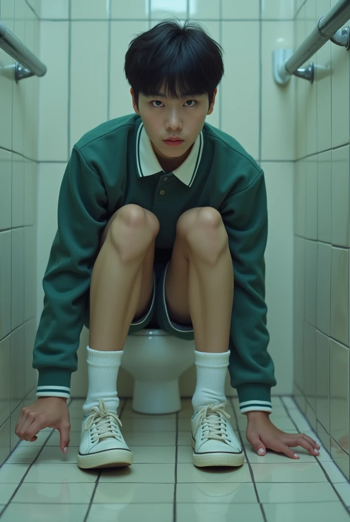 Korean male idol shitting in toilet in school bathroom, White shoes, white socks, Take off your pants, shame, Urgent, Wearing a high school gym uniform