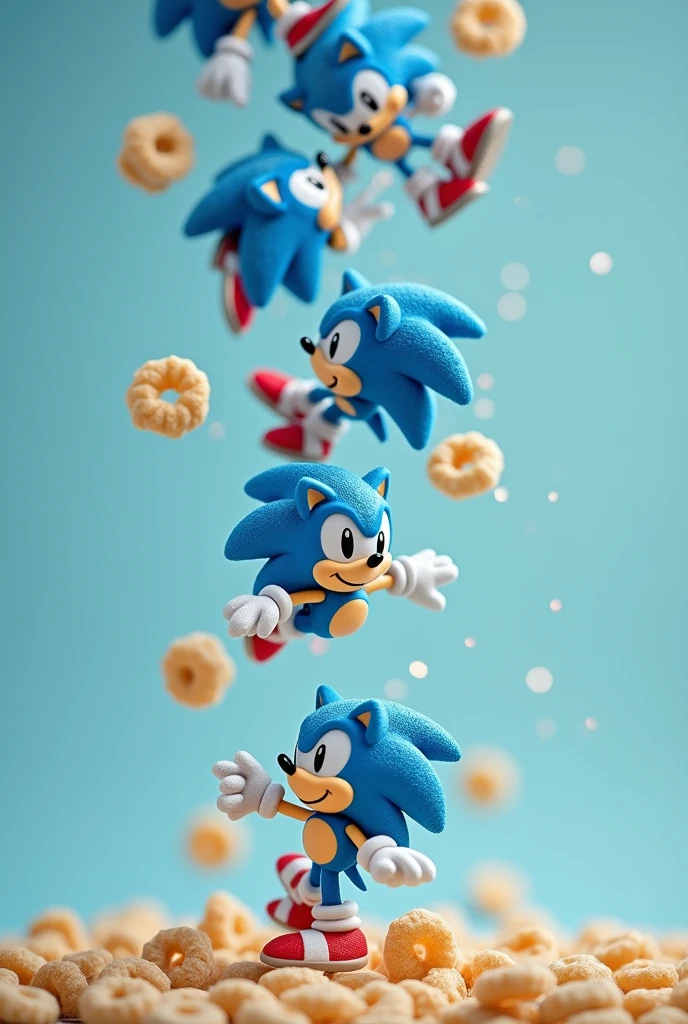 Corn flakes units shaped like Sonic the Hedgehog falling to the ground