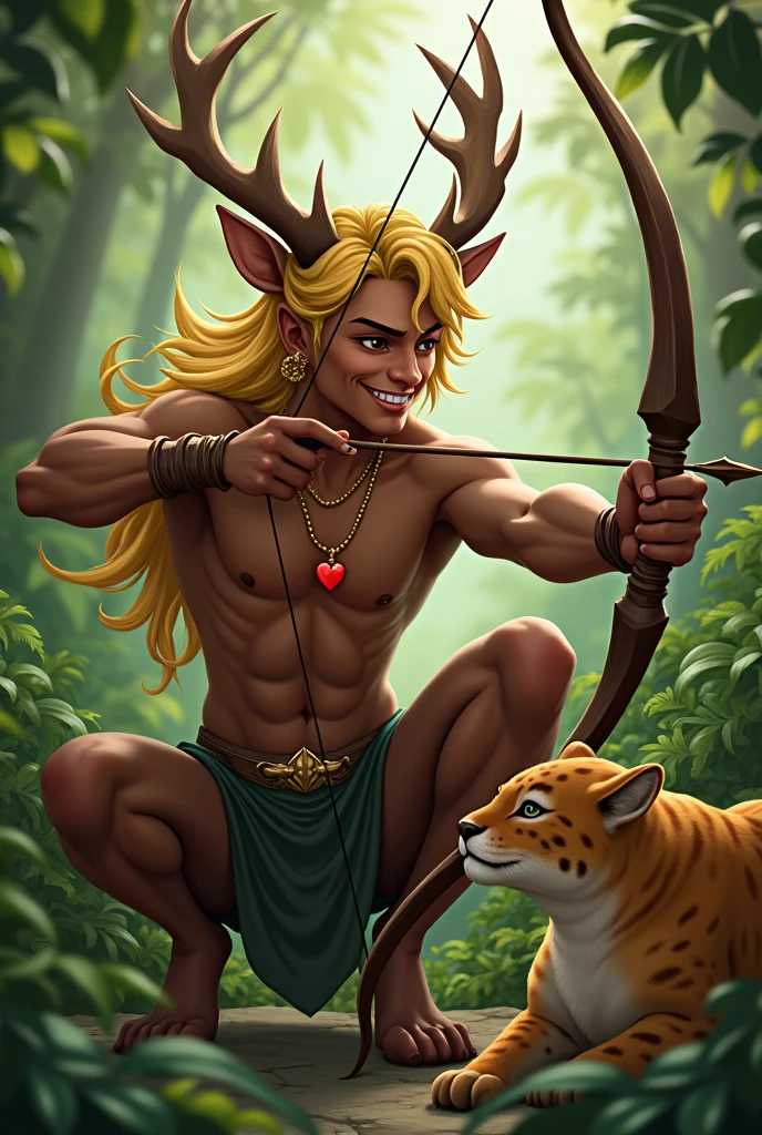 Handsome guy , Korean. He has very dark skin., yellow hair knee length with side bangs. He has faun ears., in the ears gold earrings rings. On the head are deer antlers. He has a bare torso and furry brown pants with hooves.. He has a red heart pendant.. He squats in a thicket of ferns and shoots an arrow from a bow.. He smiles beautifully. A kind jaguar next to him.