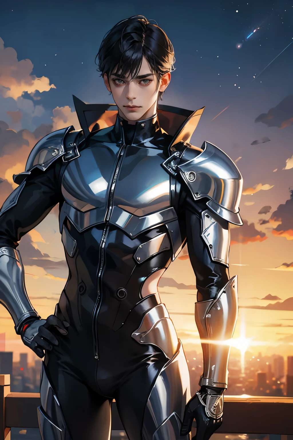 Handsome Japanese male models　　22 years old　smile　　　Black Hair　　Short cut　Short bangs　looking at the camera　　　　　光沢のあるwhole bodyシルバースーツ　　　Shiny silver latex suit　Mega Bulge　　looking at the camera　Future World Dynamic Pose　　Taunt　whole body　　Background sunset