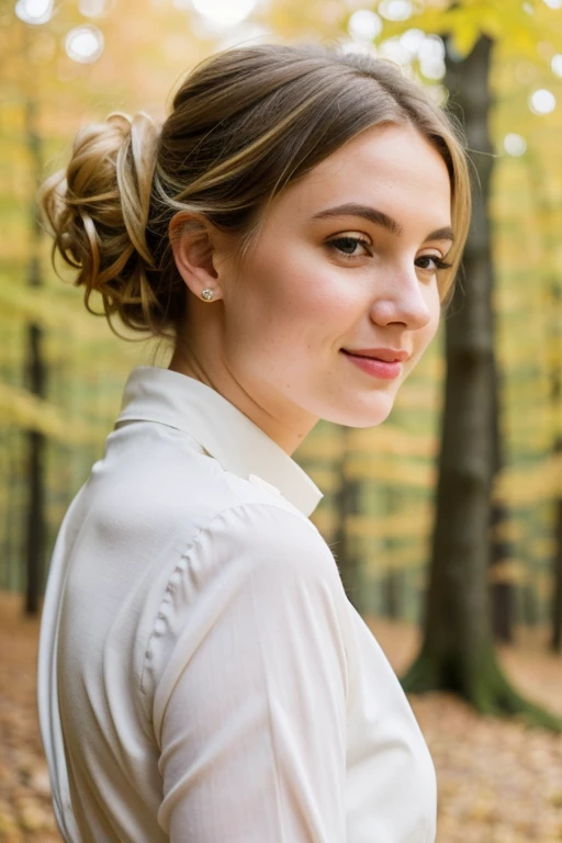 visage parfait, bokeh, fille, joyeuse, yeux parfait, bouche magnifique, cheveux blonds, chignon, se maquiller, assis dans la forêt, feuilles automne, lumière jaune couché de soleil, shooting photo, pose professionnelle, photographe professionnel