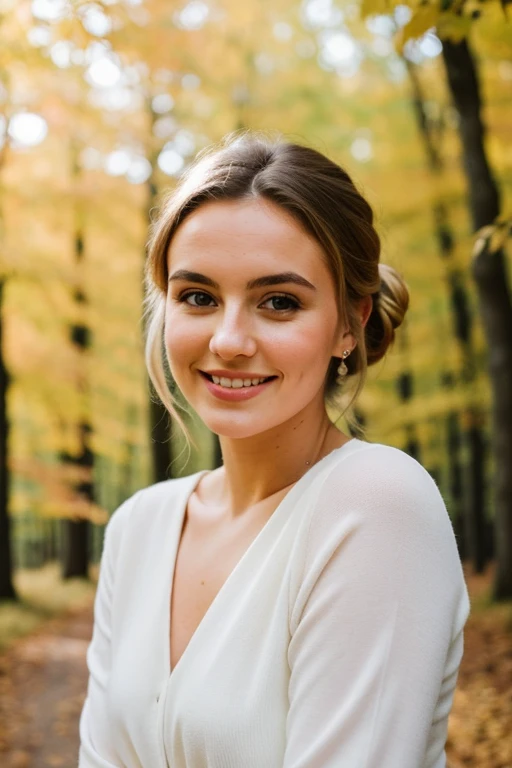 visage parfait, bokeh, fille, joyeuse, yeux parfait, bouche magnifique, cheveux blonds, chignon, se maquiller, assis dans la forêt, feuilles automne, lumière jaune couché de soleil, shooting photo, pose professionnelle, photographe professionnel