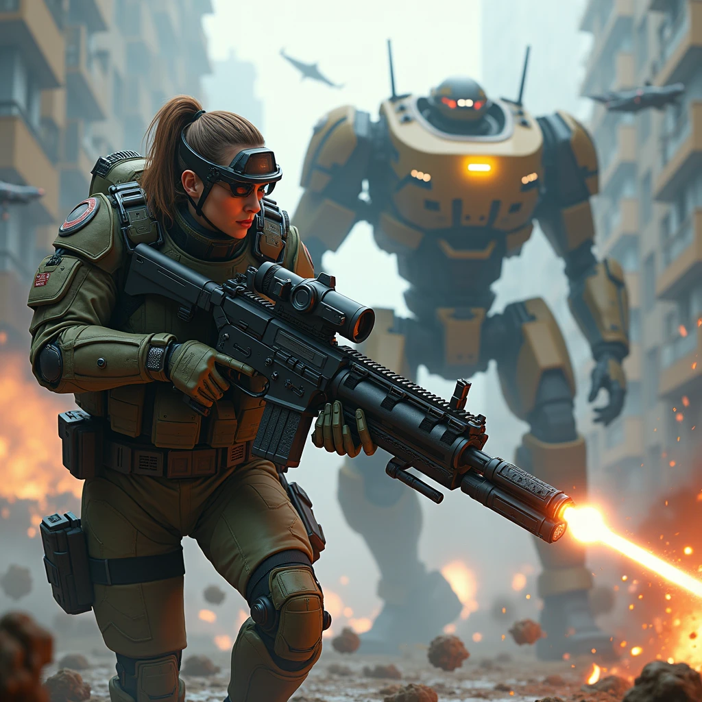 A futuristic Unified European Army mechanized infantry female soldier fighting on a world war 3 urban battlefield, she is wearing a Sci-fi heavy armored uniform with full futuristic combat gear and coms, (She is holding a futuristic plasma mega pulse heavy sci-fi automatic machine gun with laser aiming device, Gears of War vibes ) , a heavy mecha robot is in the background providing missile and machine gun support fire to the mechanized infantry. Some futuristic drones are flying around while explosions and smoke can be seen in the background. The battlefield is chaotic and deadly with visible casualties