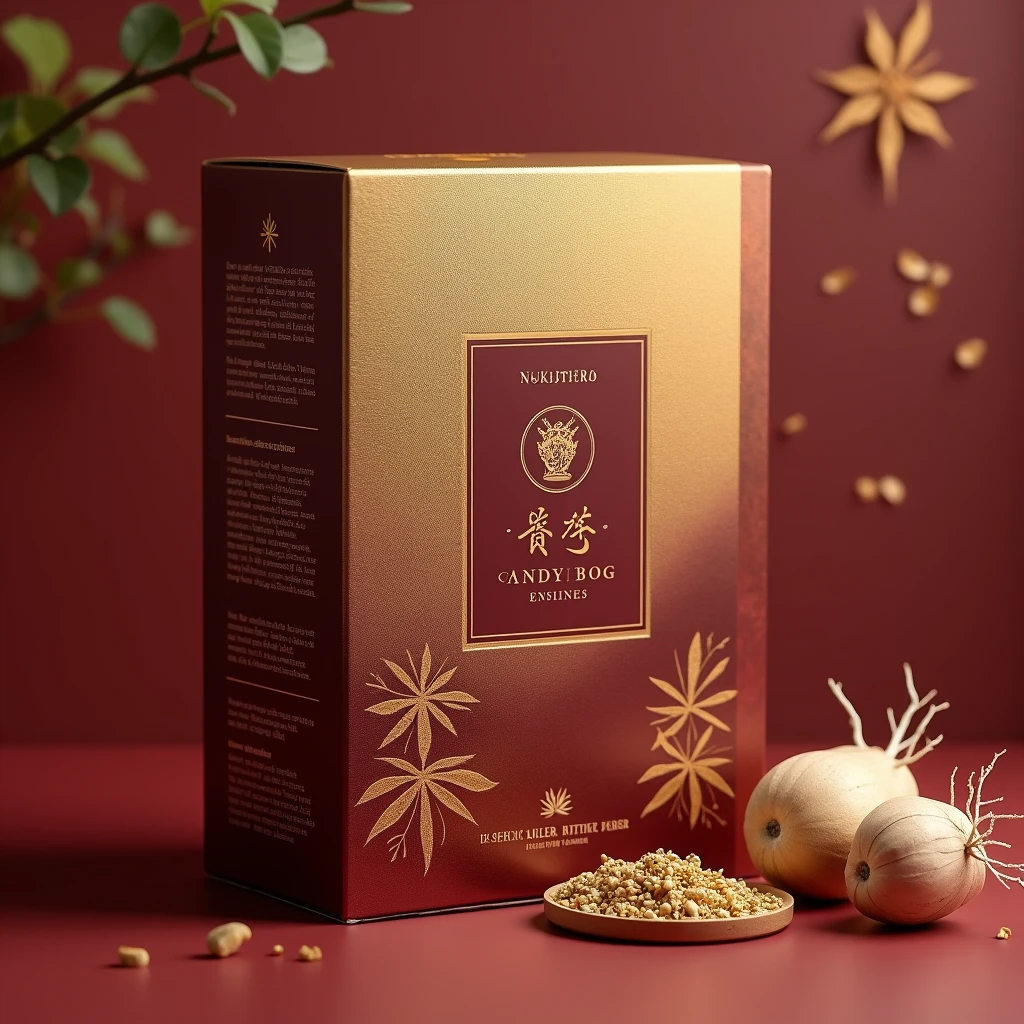 "prompt": "Create an image of an elegant and eye-catching box design for a premium Japanese deer antler and ginseng extract. The box should be designed for older adults and convey luxury and sophistication. The box dimensions are 6.5 cm (height) x 12.5 cm (width) x 28 cm (length). It should be made of 2mm thick carton with a golden fabric cover. Include a custom insert and a magnetic closure for the box. The design should highlight the high-quality ingredients like deer antler and ginseng with a luxurious color scheme, using deep gold, rich burgundy, and sophisticated accents. The branding should be prominent and stylish, with elements that emphasize exclusivity and health benefits.", "size": "3000x1500"