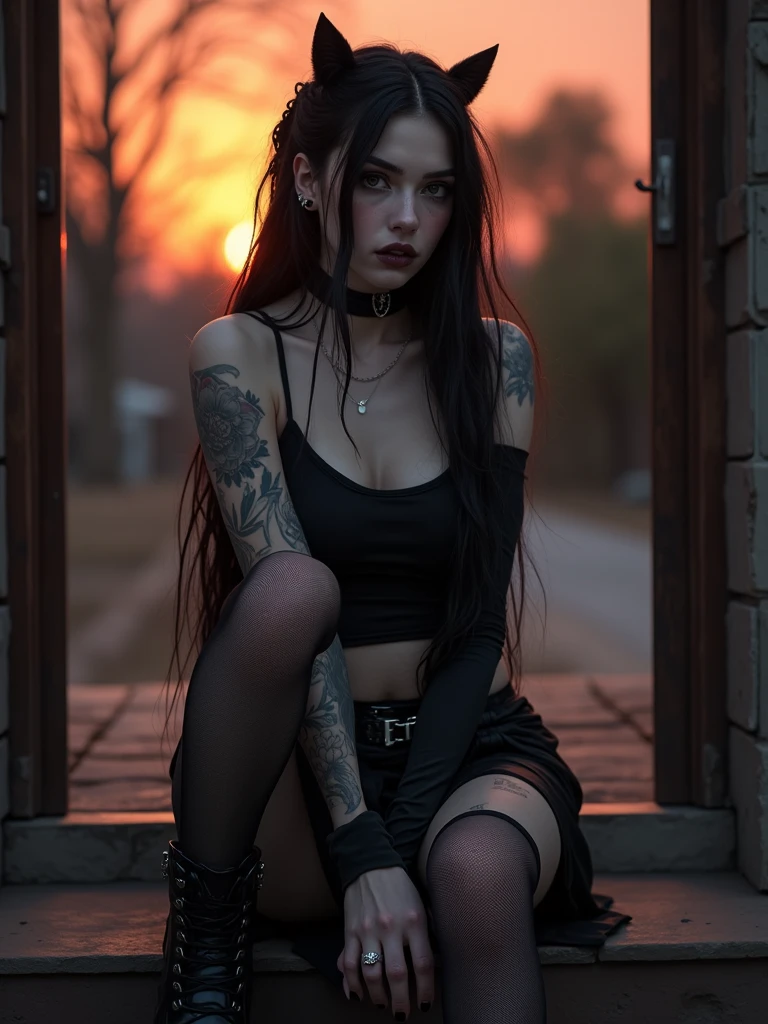 ((ultra quality)), ((tmasterpiece)), goth girl, ((long black hair braided into one braid), ((there are piercings and rings in the ears)), Beautiful cute face, beautiful female lips, ((dark makeup)), charming beauty, ((embarrassed expression)), is looking at the camera, ((Skin color: white)), ((have tattoos on the body)), Body glare, ((detailed beautiful female eyes)), ((dark brown eyes)), beautiful female hands, ((perfect female figure)), ideal female body shapes, Beautiful waist, nice feet, big thighs, Beautiful butt, ((Subtle and beautiful)), seductively worth it ((closeup face)), ((wearing a black leather skirt and a black sleeveless tank top, black choker around the neck, black boots with a large platform, black stockings)), background: Threshold of the house, evening sunset, ((Depth of field)), ((high quality clear image)), ((crisp details)), ((higly detailed)), Realistic, Professional Photo Session, ((Clear Focus)), ((cartoon)), the anime, NSFW