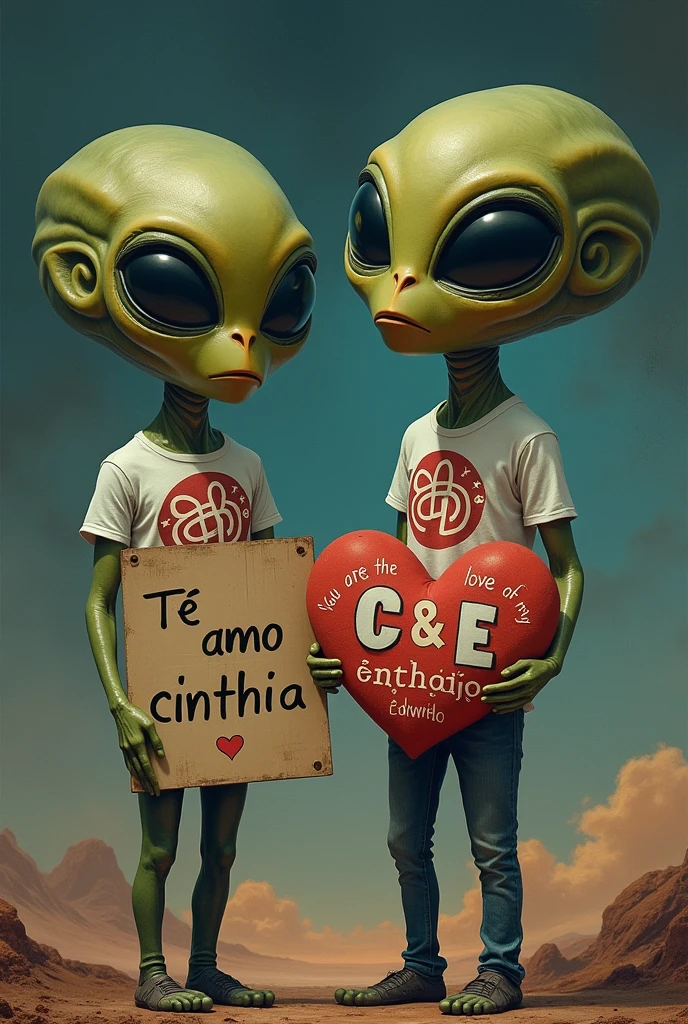 Generate an image, where to find extraterrestrials, and that aliens wear t-shirts with the logo of the American rock band "the doors", and one of the extraterrestrials holds a sign and that inside that sign says the phrase "Te amo cinthia" and that another sign in the shape of a heart says, "cinthia y Eduardo" "You are the love of my life" and in another heart inside have the letters "c&c"