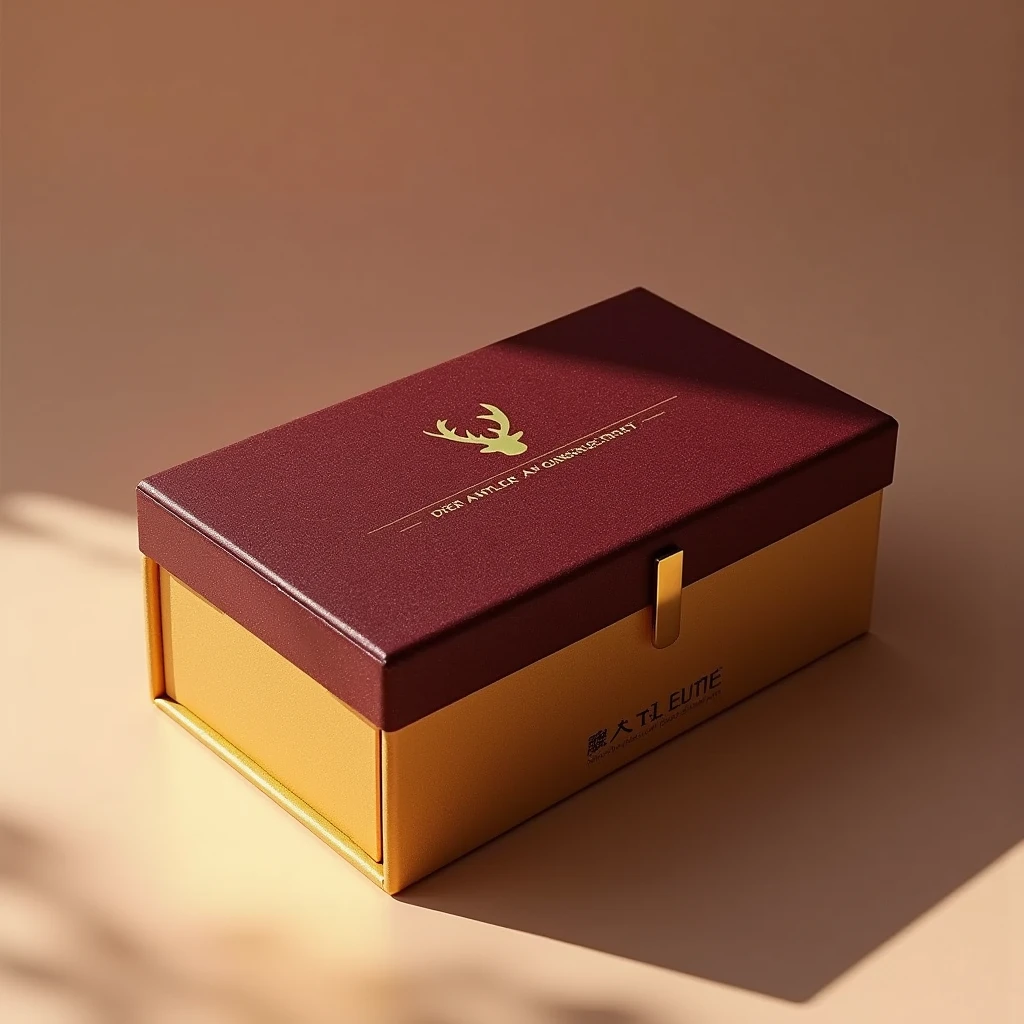 "prompt": "Create an image of an elegant and eye-catching box design for a premium Japanese deer antler and ginseng extract. The box should be designed for older adults and convey luxury and sophistication. The box dimensions are 6.5 cm (height) x 12.5 cm (width) x 28 cm (length). It should be made of 2mm thick carton with a golden fabric cover. Include a custom insert and a magnetic closure for the box. The design should highlight the high-quality ingredients like deer antler and ginseng with a luxurious color scheme, using deep gold, rich burgundy, and sophisticated accents. The branding should be prominent and stylish, with elements that emphasize exclusivity and health benefits.", "size": "3000x1500"
