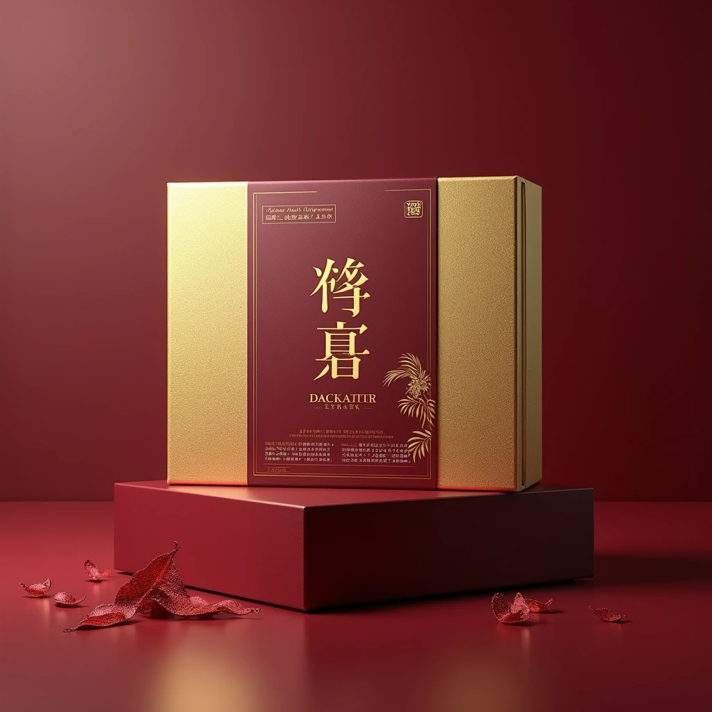 "prompt": "Create an image of an elegant and eye-catching box design for a premium Japanese deer antler and ginseng extract. The box should be designed for older adults and convey luxury and sophistication. The box dimensions are 6.5 cm (height) x 12.5 cm (width) x 28 cm (length). It should be made of 2mm thick carton with a golden fabric cover. Include a custom insert and a magnetic closure for the box. The design should highlight the high-quality ingredients like deer antler and ginseng with a luxurious color scheme, using deep gold, rich burgundy, and sophisticated accents. The branding should be prominent and stylish, with elements that emphasize exclusivity and health benefits.", "size": "3000x1500"