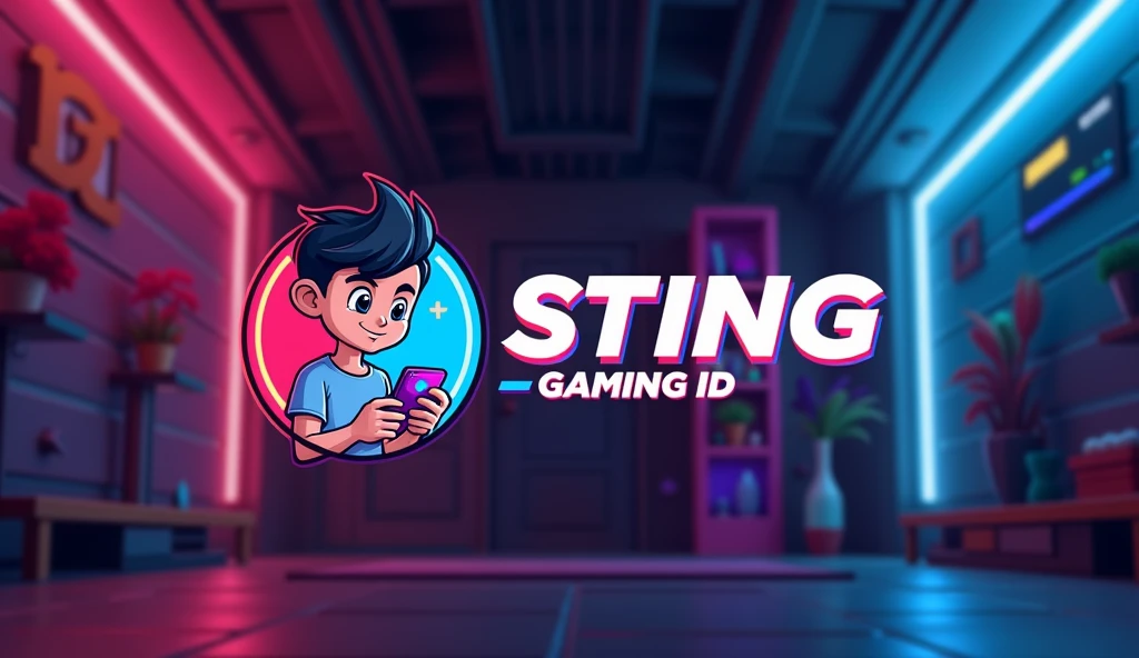 Logo modern dengan tulisan 'STING GAMING ID' dengan elemen kreatif disertai background warna neon, dengan maskot kartun anak laki-laki, model rambut undercut hitam, memakai kaos, sedang bermain game di handphone.