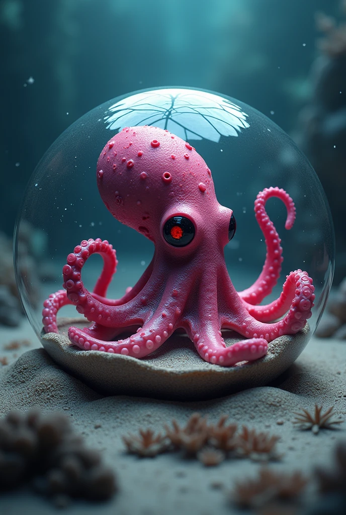ultra realistic octopus,masterpiece,dark Pink sci fi octopus on sand sea bottom,red eyes,heavy, in a 6 cm radius resin ball