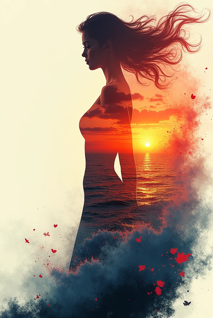 high quality、8K Ultra HD、女神のシルエットとサンセットコーストを組み合わせた美しいDouble Exposure、The Sunset Coast serves as a backdrop.、The details are captured by the Goddess、Crisp lines、The background is monochrome、Sharp focus、Double Exposure、By yukisakura、Amazing full color。