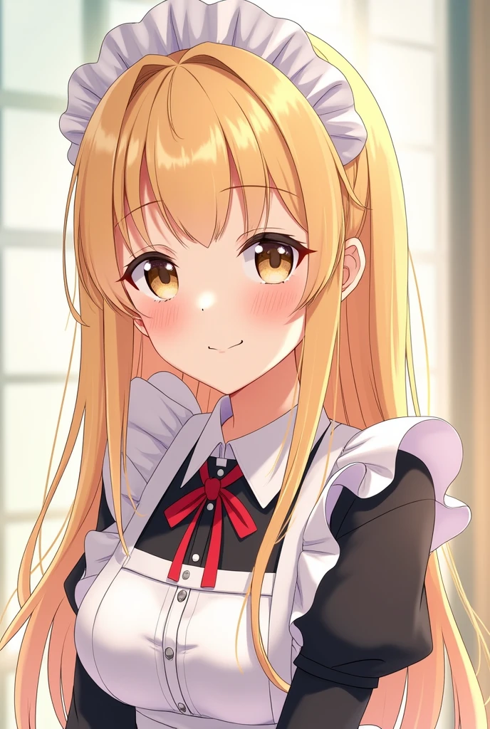 Beautiful 18 year old girl, eyes large, breasts big, small and slender, 8k, Maximum quality, (very detailed head: 1.0), (very highly detailed face: 1.0), (very detailed hair: 1.0), maid clothes, very detailed official art, anime moe art style, clean and detailed anime art, ssmile, golden hair, long straight hair