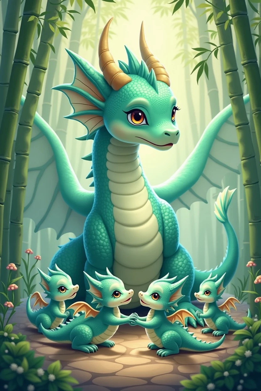 A tiffany green dragon,huge,on the ground,Several little dragons held hands with him,cute style,background chinese style,forest