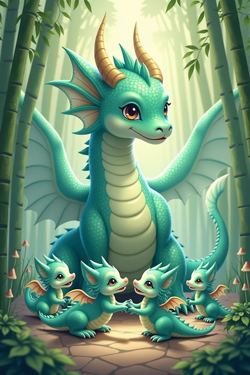 A tiffany green dragon,huge,on the ground,Several little dragons held hands with him,cute style,background chinese style,forest