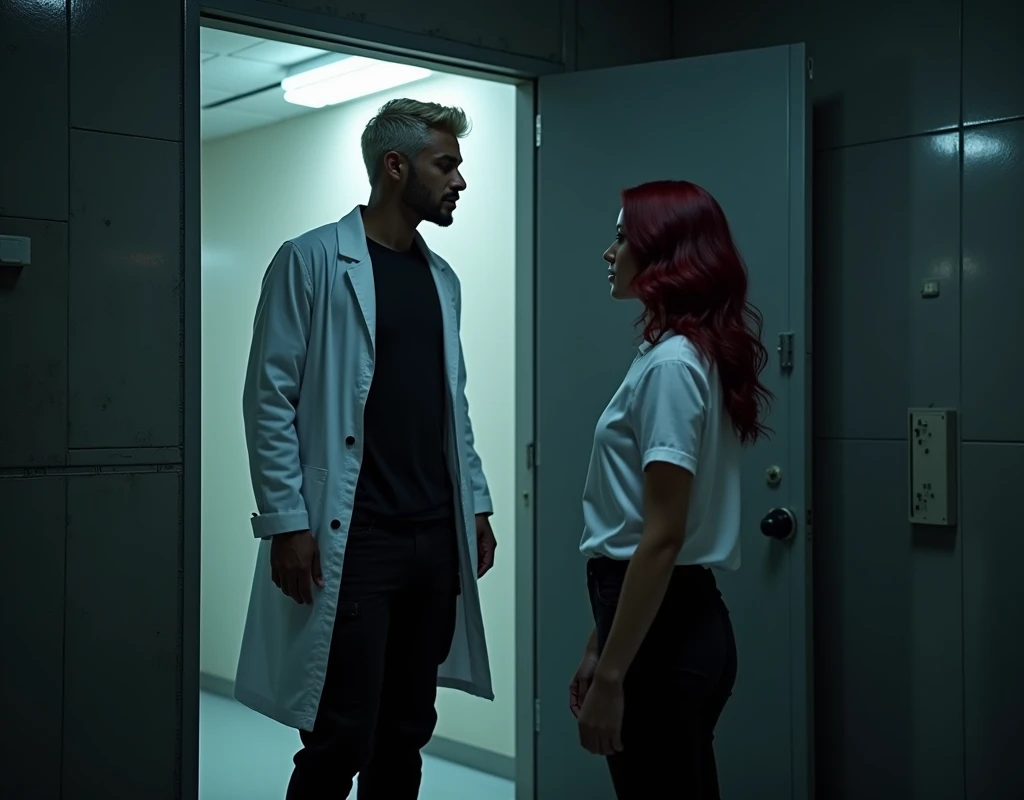 216 cm tall, 33-year-old man with short platinum blond wavy swept-back hair, dark skin, Arabic-Egyptian features, wearing a white lab coat over a black t-shirt and black cargo pants, standing in an open doorway of a secret facility. He is looking down at a 24-year-old woman, 170 cm tall, with vibrant maroon side-parted wavy hair, very pale skin, wearing a white work top and low-rise black pants, standing outside the facility near the doorway. Dark lighting, nighttime, photorealistic, cinematic.