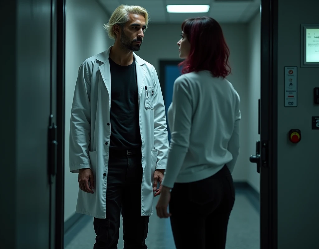 216 cm tall, 33-year-old man with short platinum blond wavy swept-back hair, dark skin, Arabic-Egyptian features, wearing a white lab coat over a black t-shirt and black cargo pants, standing in an open doorway of a secret facility. He is looking down at a 24-year-old woman, 170 cm tall, with vibrant maroon side-parted wavy hair, very pale skin, wearing a white work top and low-rise black pants, standing outside the facility near the doorway. Dark lighting, nighttime, photorealistic, cinematic.