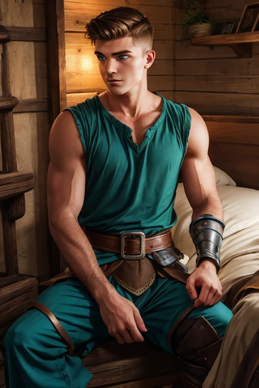 Photo-realistic. A pleased, 16-year-old, handsome, muscular Caucasian man with fade-cut, brown hair, and blue eyes, wearing shabby, sleeveless, leather armor, with metal shoulder guards, boasting, as he tells a dramatic story to a 15-year-old, lean, Caucasian peasant man, with short, brown hair, and blue eyes, in a blue and green tunic, listening in wonder, sitting next to each other on a simple bed, in a rustic inn room, at night.