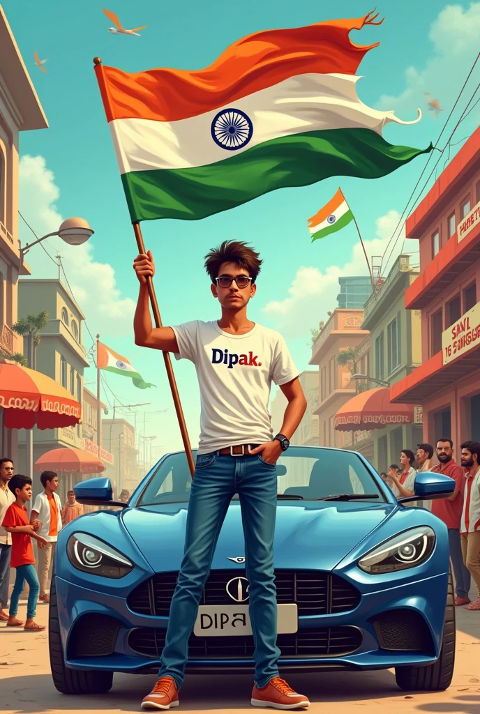 Create a vibrant scene set in a lively Indian street during a patriotic celebration. In the foreground, depict a confident 18 year Boy named 'RUDRA' sitting casually on the hood of a sleek, silver sports car, proudly holding the Indian flag. He is wearing a white t-shirt with his name 'RUDRA' printed on it. Surrounding him are excited children and onlookers waving flags and cheering. In the background, traditional Indian architecture and buildings ,4k ultra 