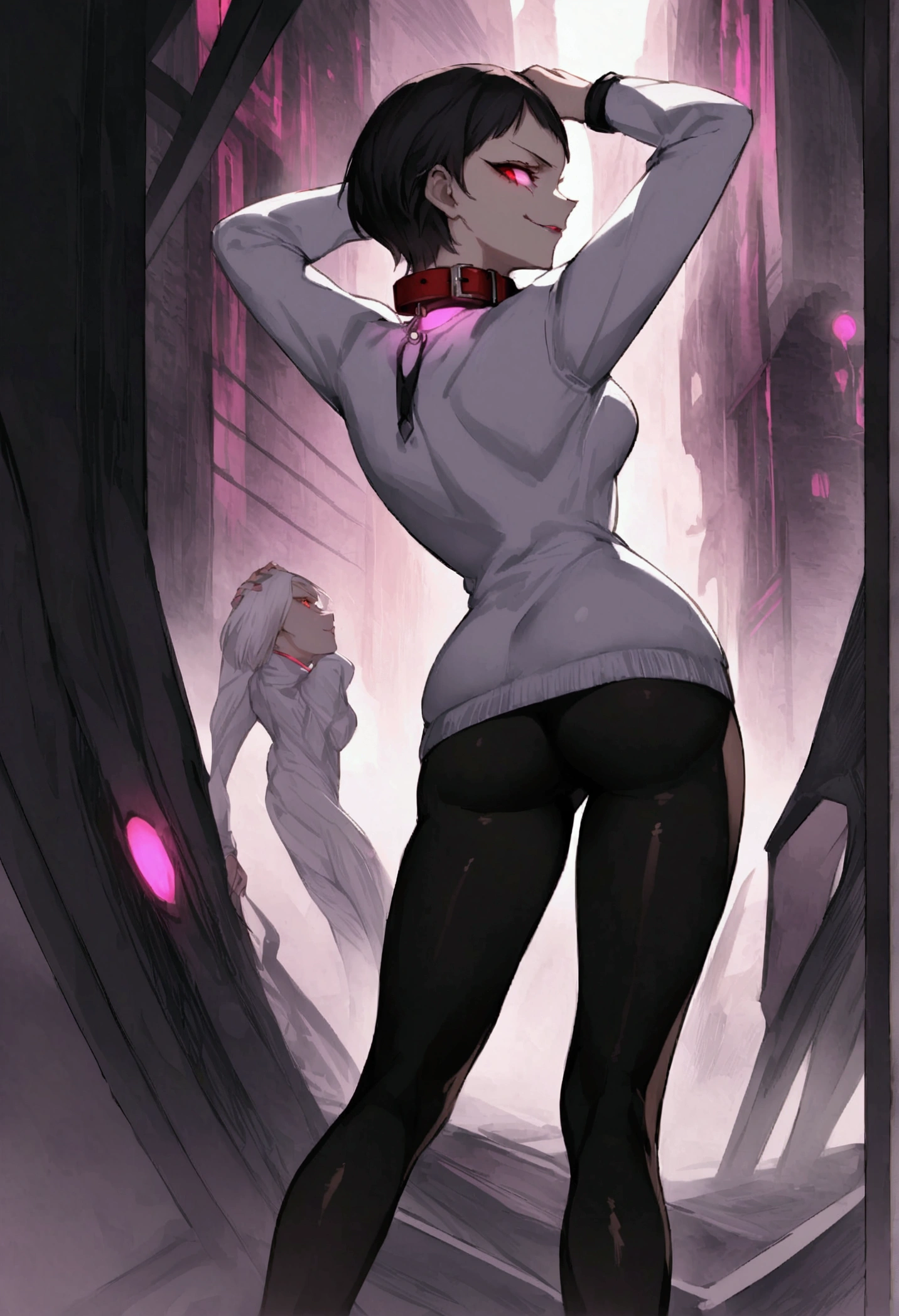 standing backwards,looking back,standing,alone,short hair with purple details,work of art,face detailed,young fitness linda,Wearing black pantyhose,tight white sweater with collar ,neckleace,evil smile,red eyes glowing,labiaa,eye shadow,bangs on the eyes,Hands behind the head city