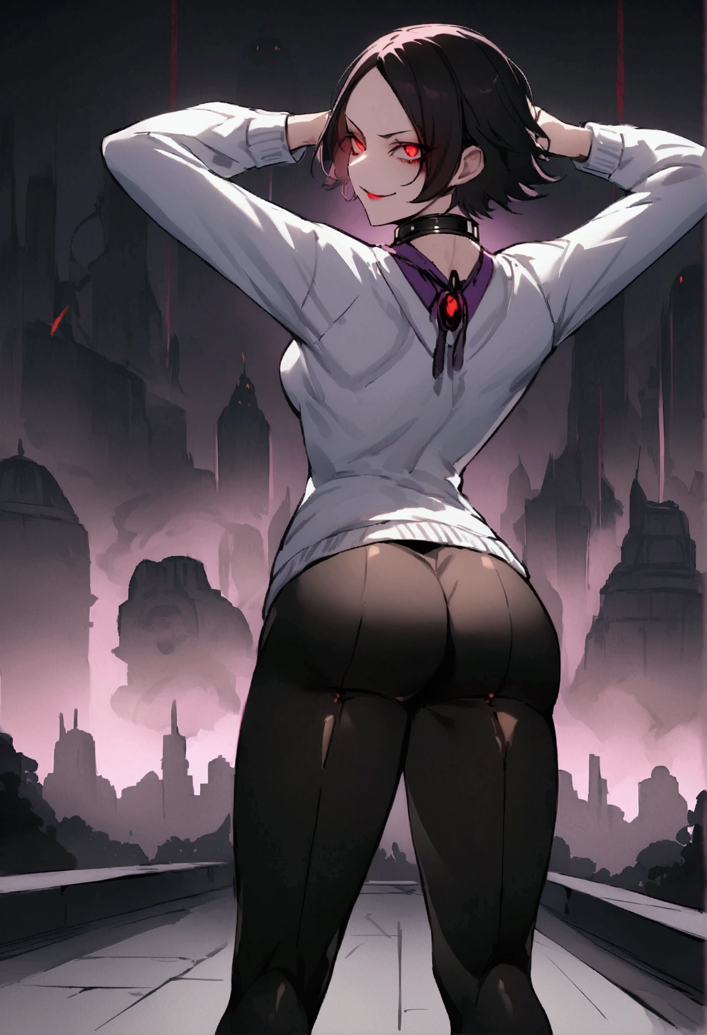 standing backwards,looking back,standing,alone,short hair with purple details,work of art,face detailed,young fitness linda,Wearing black pantyhose,tight white sweater with collar ,neckleace,evil smile,red eyes glowing,labiaa,eye shadow,bangs on the eyes,Hands behind the head city