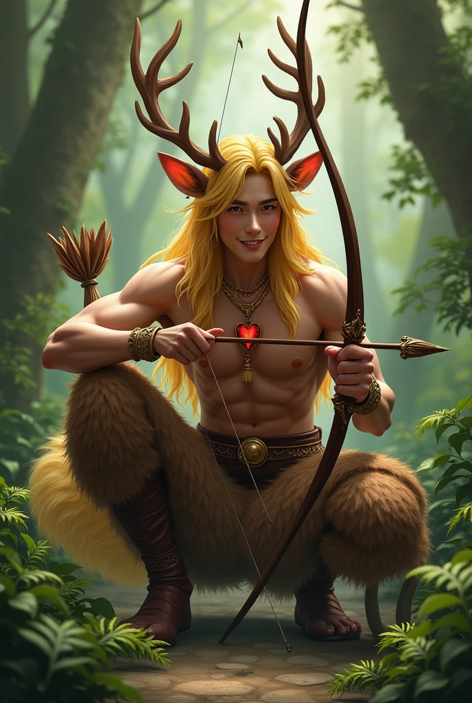 Handsome guy , Korean. He has very dark skin., yellow hair knee length with side bangs. He has faun ears., in the ears gold earrings rings. On the head are deer antlers. He has a bare torso and furry brown pants with hooves.. He has a red heart pendant.. He squats in a thicket of ferns and shoots an arrow from a bow.. He smiles beautifully. A kind jaguar next to him.