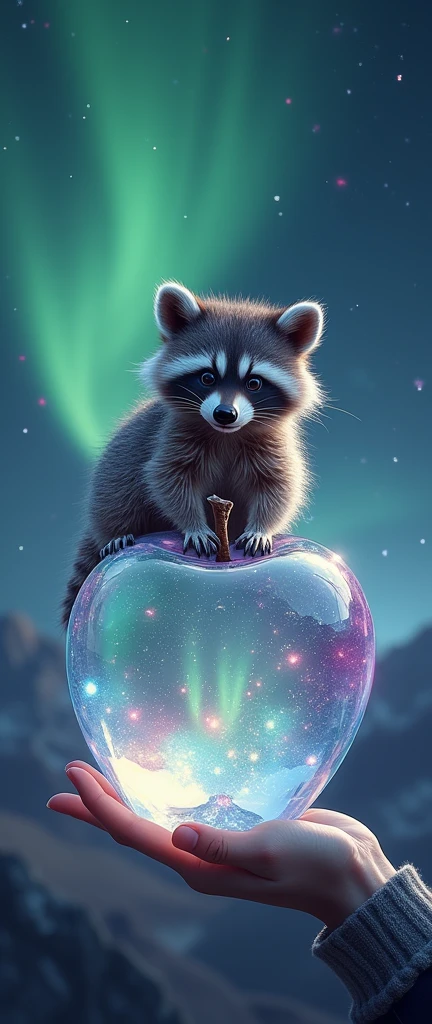 A mesmerizing 8K ultra-high-definition conceptual art piece featuring a fluffy raccoon, perched on a transparent crystal apple. The apple is filled with an awe-inspiring aurora scenery, with hues of green, purple, and blue swirling across its surface. The raccoon, with a cute, playful expression, is growling while gripping the apple's crystal stem. The night sky is filled with twinkling stars, and the reflective crystal leaves of the apple capture the aurora's beauty. The overall ambiance of the scene is magical, enchanting, and otherworldly, showcasing the artist's skill in blending wildlife and fantasy elements., 3d render, photo, conceptual art, wildlife photography