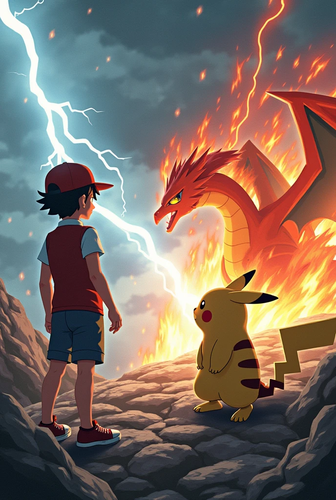 Generate a photorealistic Pokémon battle between Satoshi (Ash Ketchum) and Red. Satoshi stands with Pikachu, who is using Thunderbolt, while Red stands with Charizard, who is using Flamethrower. The battle takes place on a rocky mountain with a stormy sky and lightning. Focus on realistic textures for the characters and a dramatic clash of their attacks.