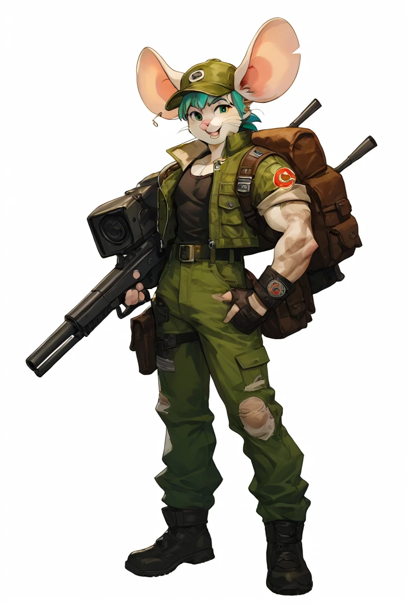 a anthropomorphic furry white mouse,mice buff,muscular man wearing a biker outfit,scars,Biker mice from mars,veteran,Vinnie,thick,young ,90’s style. He’s androgynous,spiky hair,equipped with some firearms weapons and a sensual ,cool expression,full body.The scene has a cool,sweet,sexual,Metal Slug style and a vibrant tone.industrial setting in the background