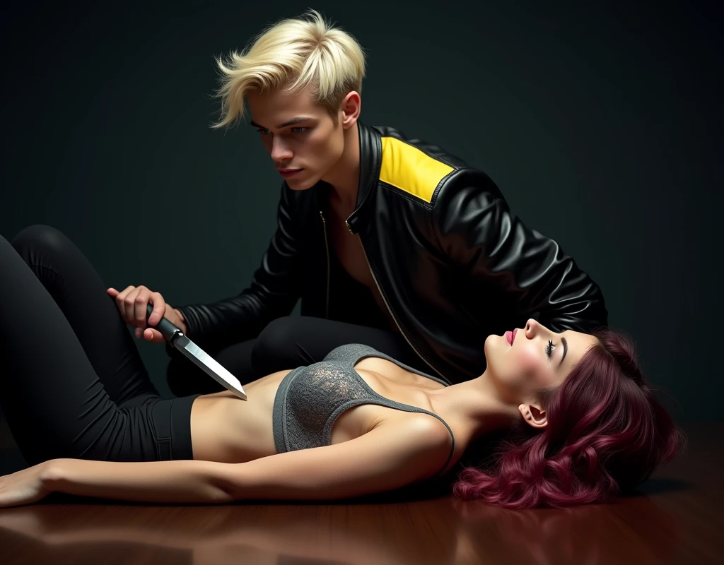 181 cm tall, 22-year-old boyish male with a lean figure, short platinum blond layered hair with side-swept bangs, blue eyes, Germanic-Icelandic features, wearing tight black pants and a black leather jacket with yellow shoulder accents, closed mouth smile, looking down. He is straddling the hips of a 24-year-old woman of almost the same height. She is lying supine on a dark wood meeting table inside a black-toned office, wearing a grey lacy push-up bra and black pants, with medium-length vibrant maroon side-parted wavy hair and light skin, looking up. He is holding a K-bar knife. Photorealistic, cinematic.