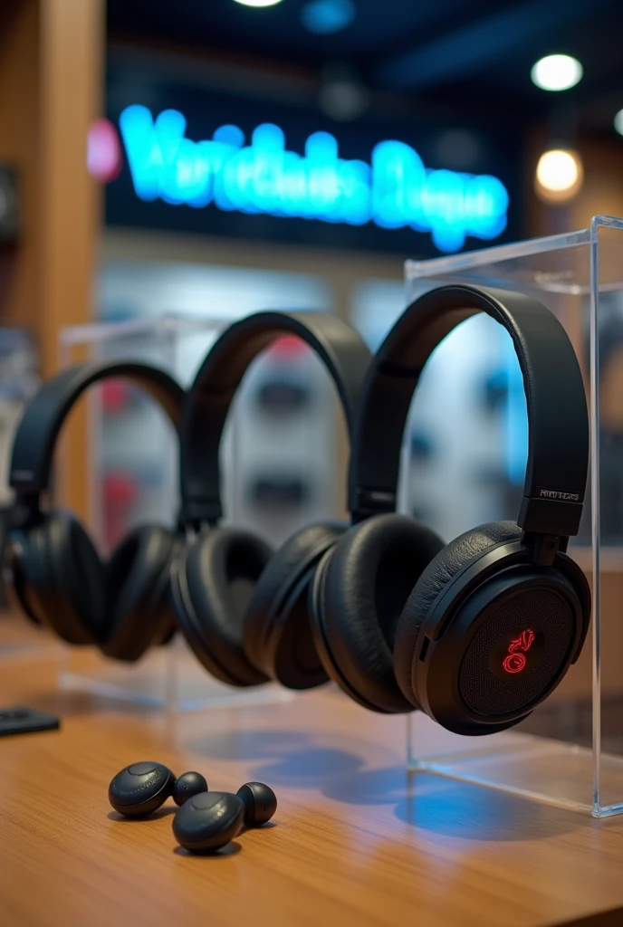 A photo with several wireless headphones in a store, the name 'Variedades Duque' should be visible in the background of the store. No people should be in the photo. 