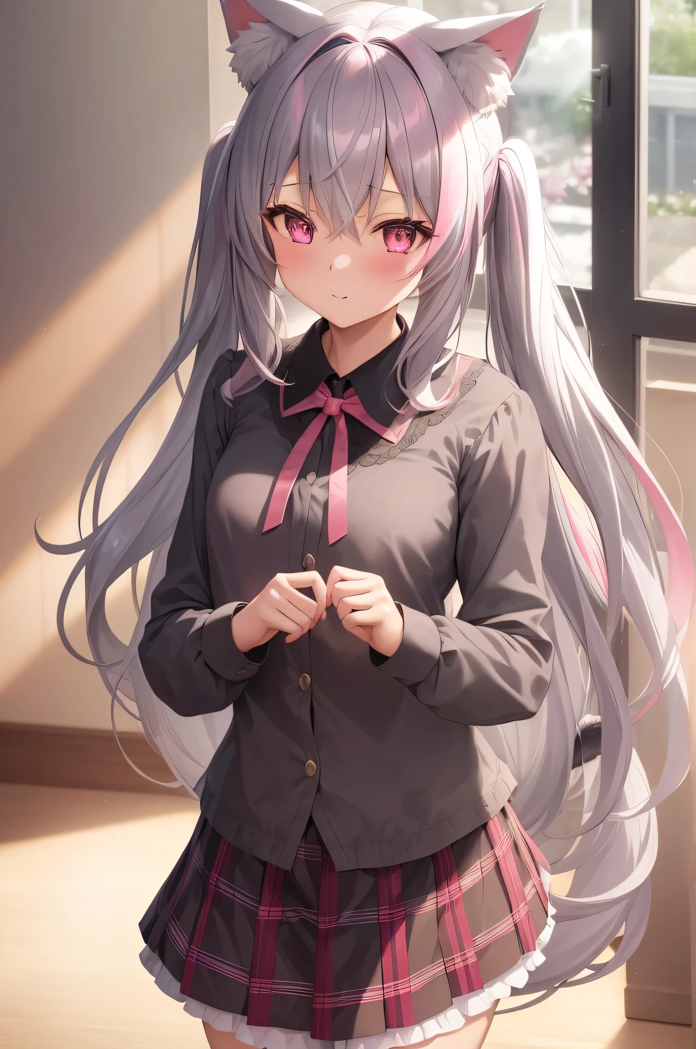 Anime girl with long gray hair and pink eyes in a school uniform ...