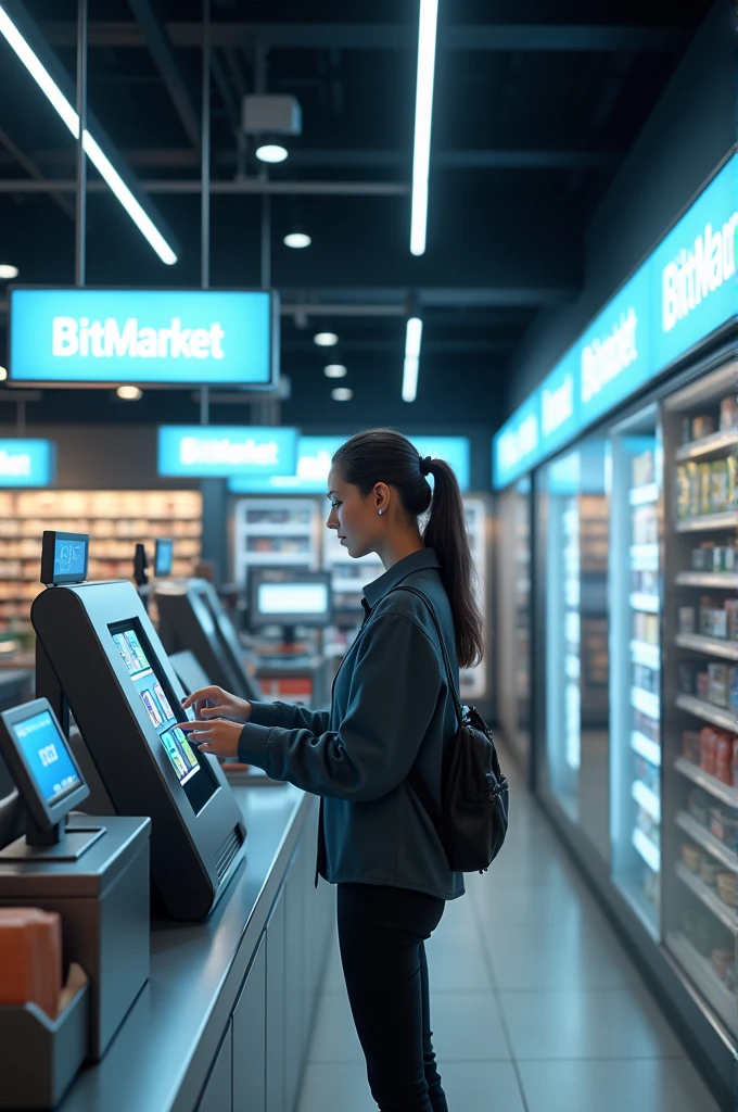 A woman at a self-service checkout inside a market that is soon called BitMarket