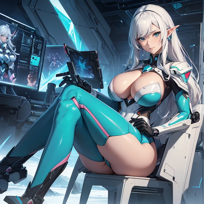 (absurdres, Masterpiece, best high quality, high resolution, no deformity, good anatomy, cowboy shot, front view, character alone, HD, anime) {{600 years old white haired ice-elf-queen milf:(elder feminine beauty, pale skin, medium-length straight hair, blind eyes, very thin lips, closed mouth with gentle smile, sharp nose, shorter elvish pointy ears, voluptuous figure, huge breasts, beautiful hips, beautiful body, beautiful arms and legs, big butt),(mecha pilot turquoise one-piece-suit, turquoise pilot armsleeves, turquoise long pilot boots and pantyhoses, diamond shoulderpads, diamond belt, pink interface headsets),(kindest expression, relaxed carefree demeanor, running around to get into her mecha),(ice military base, ice walls, ice platforms, diamond made giant robotic humanoid heavy mechas, big computer screen at the base)}}