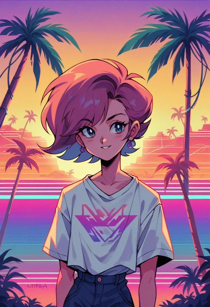 vaporwave landscape, neon, retro, aesthetic, liminal, palm trees, protorealism