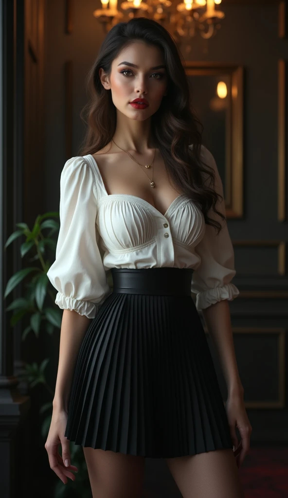 Charming beauties、White blouse、Black pleated skirt、black pantyhose、charming oval face、double eyelid、Clear eyes、red lipsticks、Beautiful thin legs、toned ankles、The ultra -The high-definition、The Ultra-detail、Elegant standing figure、Create a slender lower body curve、Expressing adult femininity、top-quality、8k、Ultra-detail、i'm、9 head body、Night、Move ki、The darkness、seductiv、brainwashed、Evil Fall、Blackening、dark、dark