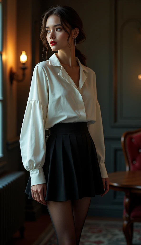 Charming beauties、White blouse、Black pleated skirt、black pantyhose、charming oval face、double eyelid、Clear eyes、red lipsticks、Beautiful thin legs、toned ankles、The ultra -The high-definition、The Ultra-detail、Elegant standing figure、Create a slender lower body curve、Expressing adult femininity、top-quality、8k、Ultra-detail、i'm、9 head body、Night、Move ki、The darkness、seductiv、brainwashed、Evil Fall、Blackening、dark、dark