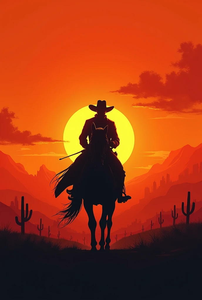 ((Best Quality)), ((masterpiece)), (detailed), Sunset background in the old west (apocalyptic), the silhouette of 1 cowboy in the middle with a wide-brimmed hat riding a black horse, with short hair, lugubrious, (Highlighting the background).