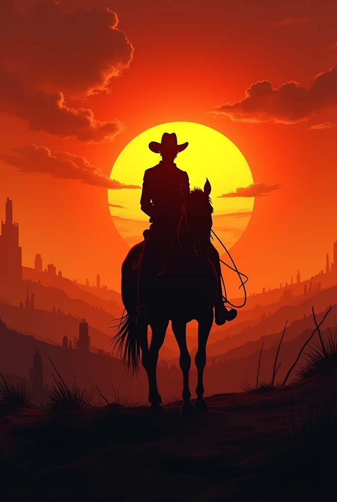 ((Best Quality)), ((masterpiece)), (detailed), Sunset background in the old west (apocalyptic), the silhouette of 1 cowboy in the middle with a wide-brimmed hat riding a black horse, with short hair, lugubrious, (Highlighting the background).